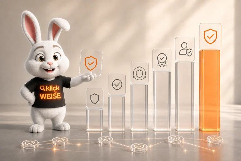 Klickweise-Maskottchen visualisiert KI-Empfehlungsindex in einer eigenständigen Mess- und Analyseszene.